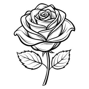 May include: A black and white line drawing of a rose. The rose is in full bloom, with detailed petals and a visible stem and leaves. The image is a simple, elegant illustration, suitable for various design applications.