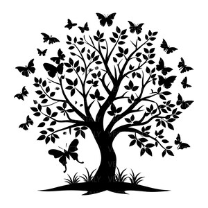 Può includere: Silhouette nera di un albero con foglie e farfalle. L'albero ha un tronco e rami spessi, con numerose farfalle di varie dimensioni sparse intorno all'albero. L'immagine è su sfondo bianco.