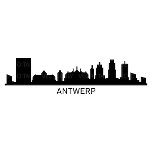 Könnte beinhalten: Schwarz-weiße Silhouette der Skyline von Antwerpen, mit dem Text "ANTWERP" darunter.