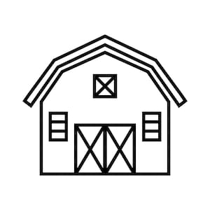 May include: Black and white line drawing of a barn with a large door and two windows on each side. The barn has a gabled roof with a small window in the gable.