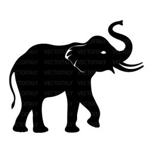 May include: A black silhouette of an elephant with its trunk raised and tusks visible. The elephant is walking to the left, with its tail curved. The image has the text "VECTOITALY" repeated across the image.