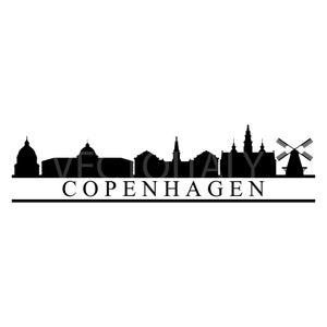 May include: Black and white silhouette of the Copenhagen skyline, featuring buildings and a windmill. The text "Copenhagen" is written below the skyline.
