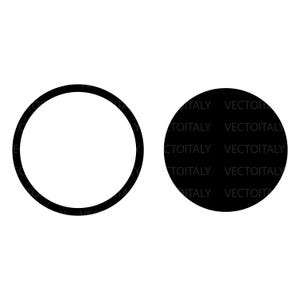 Può includere: Due forme circolari in bianco e nero. Una è un contorno nero di un cerchio, e l'altra è un cerchio nero pieno. Il cerchio pieno ha il testo "ITALY VECTOITALY" ripetuto sulla sua superficie.