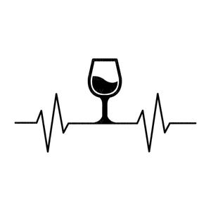 May include: Black and white illustration of a wine glass with a heartbeat line underneath. The glass is filled with wine.