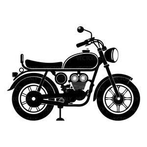 Può includere: Una silhouette grafica in bianco e nero di una motocicletta di profilo. Il design presenta un serbatoio, una sella con schienale, un faro rotondo, manubrio con specchietto e ruote a raggi. La parola VECTOITALY è ripetuta.