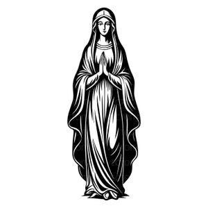 May include: Black and white illustration of a robed figure with hands clasped in prayer. The figure is wearing a head covering and a long flowing gown. The artwork has a detailed, graphic style.