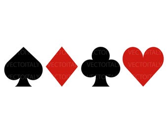 May include: Four playing card suit symbols: a black spade, a red diamond, a black club, and a red heart. The symbols are arranged horizontally against a white background. The image is a simple, graphic design.
