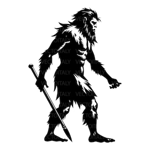 May include: A black and white silhouette of a Bigfoot-like creature, holding a spear. The figure is depicted with a muscular build and shaggy fur, walking with a determined expression. The spear is long and slender.