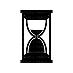 Può includere: Una clessidra nera con la sabbia che scorre attraverso il bulbo superiore. La clessidra è un simbolo del tempo e viene spesso usata per rappresentare il passare del tempo.
