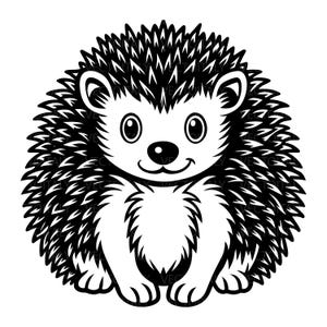 Könnte beinhalten: Schwarz-weiße Cartoon-Illustration eines Igels. Der Igel hat ein lächelndes Gesicht, kleine Ohren und eine runde, schwarze Nase. Sein Körper ist mit stacheligen Stacheln bedeckt.