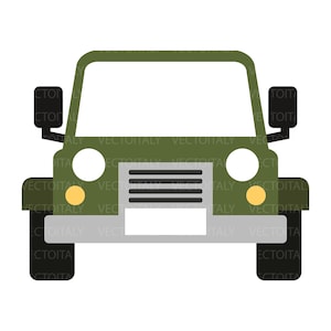 Può includere: Illustrazione piatta di un fuoristrada verde, visto frontalmente. Il veicolo ha un parabrezza bianco, pneumatici neri e un paraurti grigio. I fari e gli indicatori di direzione sono gialli. Il testo "VECTOITALY" è ripetuto.