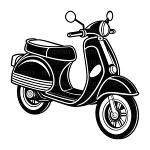 Può includere: Illustrazione in bianco e nero di un scooter vintage. Lo scooter ha un frontale arrotondato, un sedile e un vano portaoggetti posteriore. Le ruote e le finiture sono bianche, in contrasto con il corpo nero. Il design è una rappresentazione classica di uno scooter retrò.