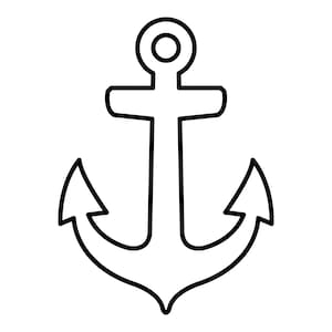 Könnte beinhalten: Eine schwarze Umrisszeichnung eines Ankers, ein nautisches Symbol. Der Anker hat einen Ring oben, eine horizontale Stange und zwei gebogene Arme mit pfeilförmigen Enden. Das Design ist einfach und kühn, geeignet für verschiedene Anwendungen.