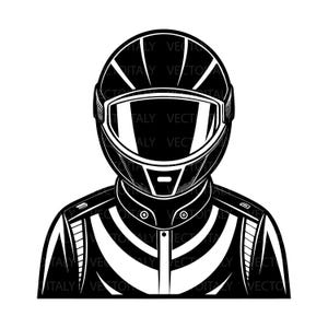 May include: Black and white illustration of a racing helmet and jacket. The helmet has a visor and is labeled "ITALY VECTOR". The jacket has white stripes and the text "ITALY VECTOR".
