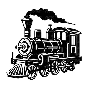 May include: A black and white illustration of a vintage steam train. The train has a detailed design with a prominent smokestack emitting a cloud of smoke. The image includes the text "VECTOITALY" in several places.