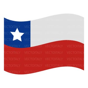 May include: The flag of Chile, featuring a blue square with a white star in the upper hoist corner, a white stripe in the center, and a red stripe along the bottom. The flag is waving.
