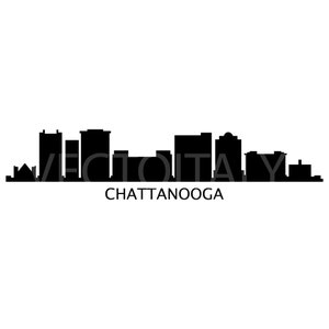 May include: Black and white silhouette of the Chattanooga, Tennessee skyline. The skyline features several tall buildings, including a church steeple.