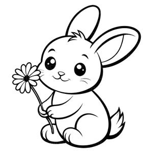 May include: A black and white line art illustration of a small rabbit with large eyes and long ears. The rabbit is sitting in a seated position and holding a single daisy flower with a thin stem in its front paws, featuring a simple, clean design.
