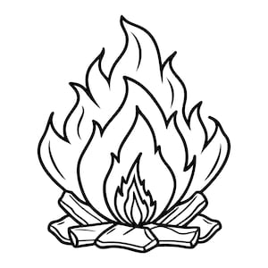 Può includere: Illustrazione in bianco e nero di un falò. Le fiamme sono stilizzate con bordi appuntiti, che si alzano sopra una base di tronchi impilati. L'opera d'arte è una semplice rappresentazione grafica di un falò.