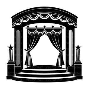 Può includere: Un'illustrazione grafica in bianco e nero di un palcoscenico con un arco di proscenio, mantovane decorative, tende drappeggiate e tre gradini curvi. Due pilastri sormontati da stelle fiancheggiano il palco, che riporta il testo VECTOITALY.