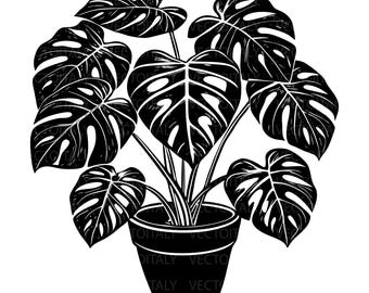 鉢植えのモンステラ SVG、モンステラの植物 SVG、モンステラの SVG カットファイル、モンステラのアウトライン、モンステラの葉 SVG、熱帯植物 SVG シルエット