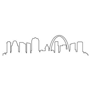 May include: A minimalist black and white line drawing of a city skyline. The image features various building silhouettes and a prominent arch, likely representing a famous landmark. The design is simple and modern.