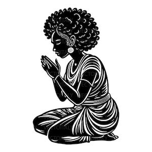 Può includere: Illustrazione in bianco e nero di una persona inginocchiata con le mani giunte in preghiera. La figura ha capelli ricci, una fascia a motivi e un grande orecchino. La persona indossa un vestito con dettagli a righe.