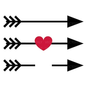 Op de afbeelding: Drie zwarte pijlen op een witte achtergrond. Eén pijl heeft een rood hart in het midden. Deze vectorillustraties zijn perfect voor Valentijnsdag of romantische thema's.