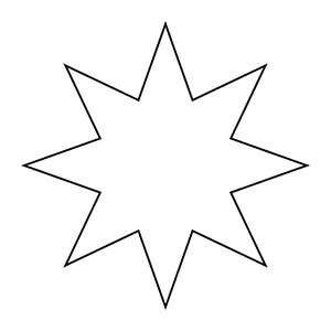 Può includere: Una forma di scoppio di stella a otto punte in bianco e nero. Lo scoppio di stella ha punte affilate e angolari che si irradiano verso l'esterno da uno spazio bianco centrale vuoto. Il contorno è una linea nera piena.