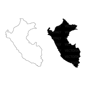 May include: Two black and white outline maps of Peru. One map is a black silhouette, and the other is a white outline. The maps are side by side on a white background.
