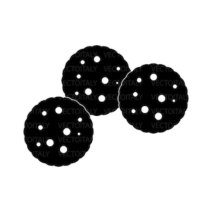 May include: A black and white graphic illustration of three round cookies. Each cookie is black with white circular accents, and the cookies are scattered across a white background.