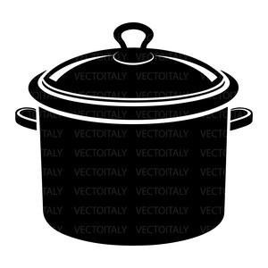 Può includere: Silhouette nera di una pentola con coperchio. La pentola ha due manici laterali e un manico ad anello sul coperchio. Il design è semplice e pulito, adatto per prodotti a tema cucina.