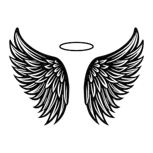 May include: Black and white illustration of angel wings with a halo. The wings are detailed with layered feathers, and the halo is a simple oval shape. The design is symmetrical and suitable for various applications.