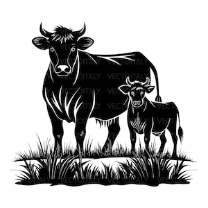 Puede incluir: Una ilustración gráfica en blanco y negro de una vaca de pie junto a un ternero. Ambos animales están representados en estilo silueta con detalles de líneas blancas, situados sobre hierba. La palabra VECTOITALY se repite en la imagen.
