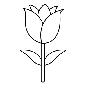 Può includere: Un disegno a tratto nero e bianco di un fiore di tulipano. Il fiore ha una grande fioritura aperta con diversi petali. Lo stelo è lungo e dritto, con due foglie vicino alla base del fiore.