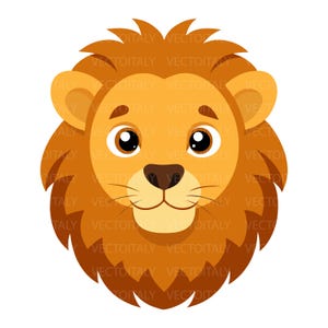 May include: A stylized graphic illustration of a lion head featuring a golden yellow face, a dark brown mane, large expressive eyes, a dark brown nose, and thin whiskers. The design is symmetrical with a repeating watermark text overlay.