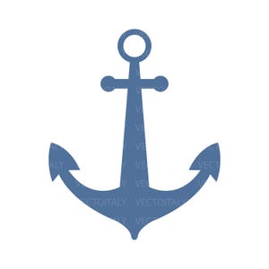 Könnte beinhalten: Blaue Anker-Illustration auf weißem Hintergrund. Der Anker hat ein klassisches Design mit einem Ring oben, einer Querstange und zwei gebogenen Flunken. Die Vektorgrafik eignet sich für nautische Designs.