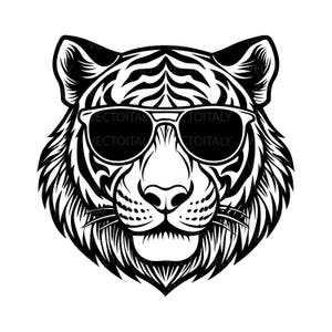 Può includere: Illustrazione in bianco e nero di una tigre con occhiali da sole. Il viso della tigre è mostrato con un'espressione seria.