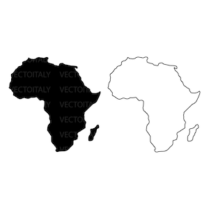 May include: A black and white outline of the continent of Africa. The left side of the image shows a solid black outline of Africa, while the right side shows a white outline of Africa.