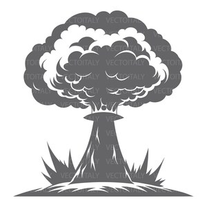 Op de afbeelding: Een grijswaarden illustratie van een paddenstoelwolk explosie. De afbeelding toont een gestileerde weergave van een nucleaire explosie, met een grote, golvende wolk die oprijst boven een kolom van rook en puin. Het is een vectorafbeelding.