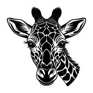 Può includere: Silhouette in bianco e nero di una testa di giraffa con un motivo. La giraffa guarda a destra.