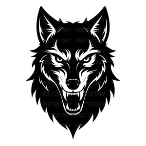 Może przedstawiać: Czarno-biała ilustracja głowy wilka, ukazująca groźny wyraz twarzy. Wilk przedstawiony jest z ostrymi zębami, intensywnymi oczami i szczegółowym futrem, tworząc odważny i uderzający design.