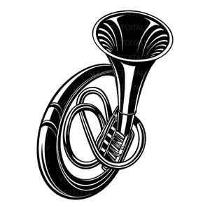Op de afbeelding: Zwart-wit illustratie van een sousafoon, een groot koperen blaasinstrument. De sousafoon heeft een kenmerkende cirkelvorm met een grote bel naar boven gericht. Het ontwerp is een vectorafbeelding, met strakke lijnen en een minimalistische esthetiek.