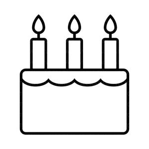 Puede incluir: Un dibujo lineal en blanco y negro de una tarta de cumpleaños con tres velas encendidas. La tarta tiene un borde festoneado y una forma rectangular. Las velas son altas y tienen la parte superior en forma de llama.