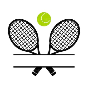 May include: Black and white tennis-themed graphic with two rackets and a tennis ball. The rackets are positioned facing each other, with a space for text in the middle. A green tennis ball is above the rackets. The text "ITALY VECTORS" is at the bottom.