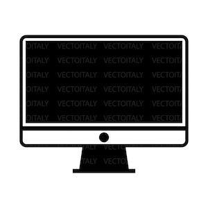 Può includere: Illustrazione in bianco e nero di un monitor per computer. Lo schermo è nero con il testo "VECTOITALY" ripetuto. Il monitor ha una cornice e una base bianche, con un punto nero centrato sotto.