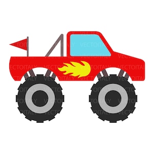 Op de afbeelding: Illustratie van een rode monstertruck met grote zwarte wielen en een geel vlammenontwerp. De truck heeft een kleine rode vlag en een blauw raam. Vectorafbeelding.