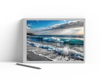 Downloadbare print van oceaan golven, foto van blauwe strand golven, moderne poster van kustwater, grote printbare wandkunst