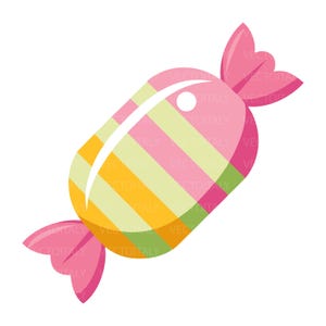 May include: A wrapped candy featuring a cylindrical center with diagonal stripes in shades of pink, yellow, and light green. The ends of the wrapper are twisted and colored in a solid pink, with a white highlight on the top edge of the candy.