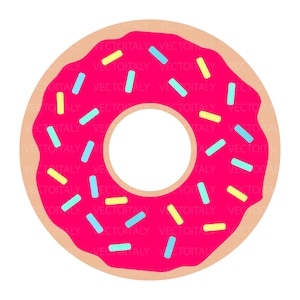 Può includere: Un'illustrazione vettoriale di una ciambella con glassa rosa e zuccherini colorati. La ciambella ha una base marrone chiaro e un centro bianco. Gli zuccherini sono blu, gialli e azzurri.